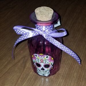 Purple Glass Bottle with Cork; Skull Design, Polka Dot Bow